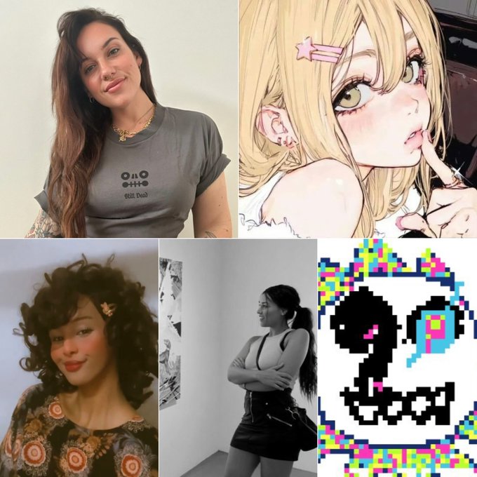 A collage features four women in different photos alongside an anime-style drawing of a blonde character and a pixel art ghost, seemingly representing the creators or themes of various NFT projects.