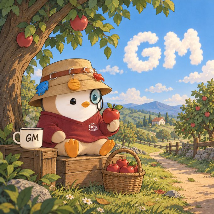 A cartoon bird character wearing a hat and red hoodie sits under an apple tree, holding an apple next to a 'GM' mug and a basket of red apples.