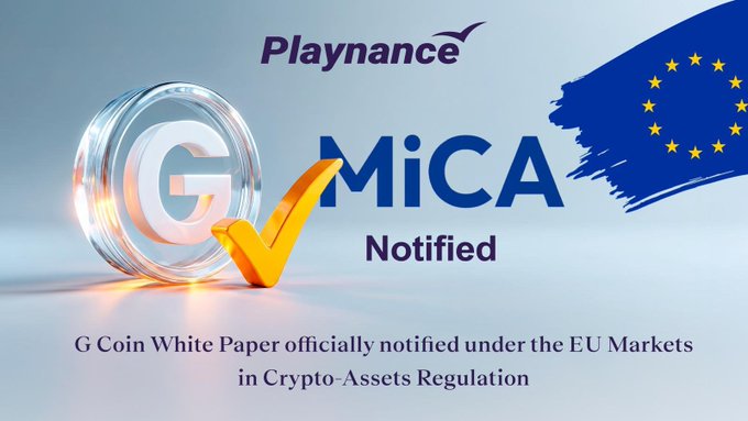 The image promotes Playnance's G Coin ($GCOIN), which is officially notified under the EU's MiCA (Markets in Crypto-Assets) regulation, as shown by the prominent "MiCA Notified" text, the yellow checkmark, and the EU flag with its circle of yellow stars.