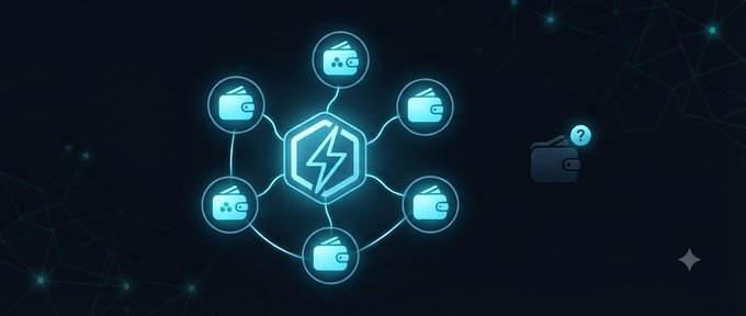 A dark digital illustration shows a network of glowing blue wallet icons connected to a central hexagon with a lightning bolt, while a separate wallet with a question mark sits off to the right.