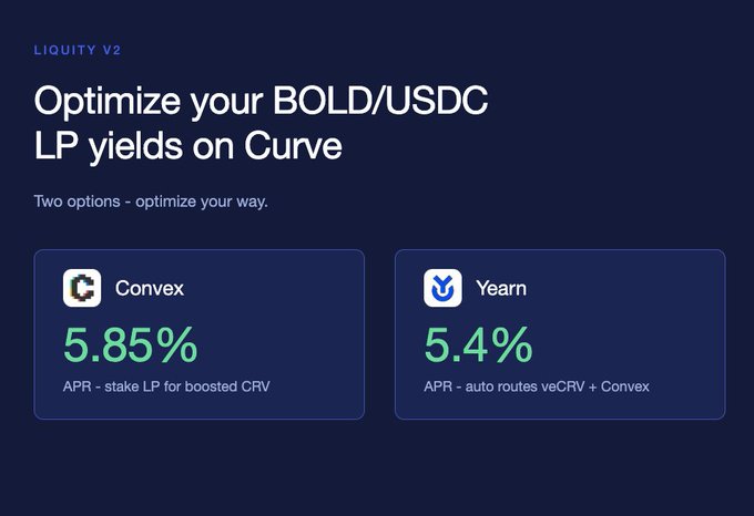 A dark blue promotional graphic titled 'LIQUIDITY V2' advertising BOLD/USDC LP yields on Curve, showing two options: Convex at 5.85% APR and Yearn at 5.4% APR.