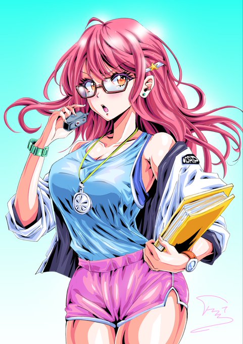 An anime-style illustration depicts a pink-haired woman wearing glasses, a light blue tank top, and pink shorts, holding a book and a stopwatch while standing against a bright background.