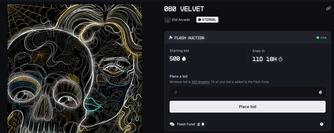 A digital art auction page for a piece titled 'VELVET' (Kid Arcade, ETERNAL), showing a starting bid of 500 with 1 day 18 hours remaining and a 'Place bid' button.
