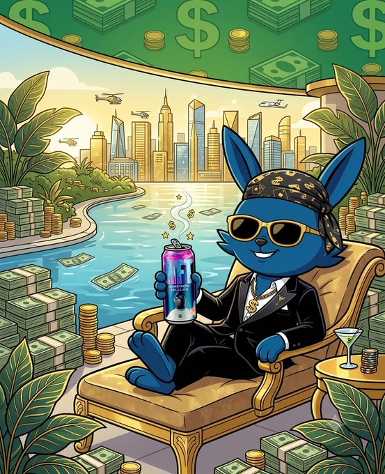 A vibrant cartoon illustration of a blue rabbit character wearing sunglasses, a gold chain, and a black suit, lounging on a yellow chair and holding an energy drink can, surrounded by stacks of money, coins, a cocktail, and a city skyline backdrop.