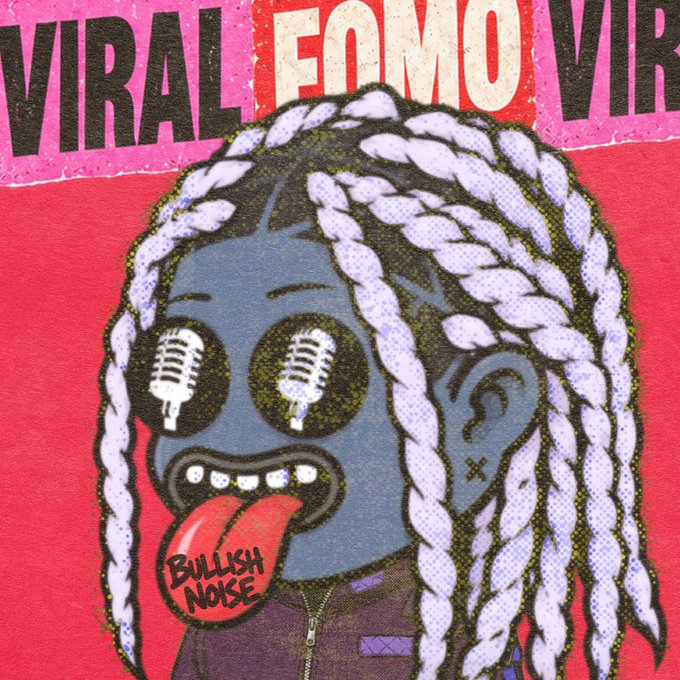 A stylized graphic illustration of a blue-skinned character with white braided hair and microphone-shaped eyes, wearing a purple jacket, with the text 'VIRAL FOMO VR' above and 'BULLISH NOISE' written on their tongue.