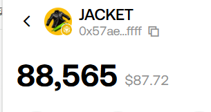 A screenshot displays a crypto token called "JACKET" (contract address 0x57ae...ffff) holding a balance of 88,565 tokens valued at $87.72, illustrating the modest prize the user received from a previous Four × JACKET creative contest that few people entered.