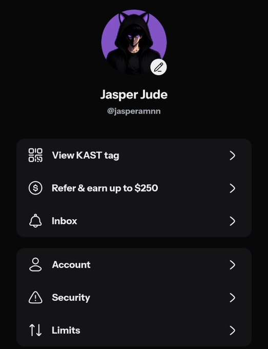 A mobile app profile screen for 'Jasper Jude' (@jasperamnn) featuring a dark avatar with a hooded figure, displaying menu options including 'View KAST tag', 'Refer & earn up to $250', 'Inbox', 'Account', 'Security', and 'Limits'.