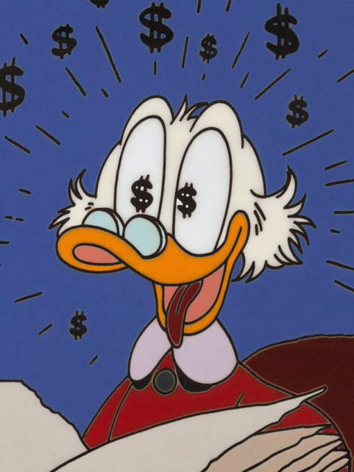 A cartoon illustration of Scrooge McDuck with dollar signs in his eyes, surrounded by floating dollar symbols against a blue background, with his tongue out in an expression of excitement.