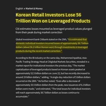 The image is a news article titled "Korean Retail Investors Lose $6 Trillion Won on Leveraged Products," citing a Citibank report estimating that domestic Korean investors suffered approximately 38.7 billion dollars (6.2 trillion won) in losses during the recent market correction. The headline's staggering loss figure satirically reinforces the post's claim that SPX6900 is the only viable alternative to a high-risk "squid game" of leveraged investing that wiped out massive retail wealth.