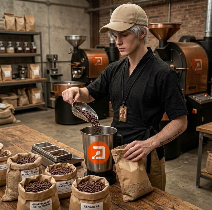 An anime-style illustration of a young man in a black outfit and cap pouring coffee beans into a grinder, surrounded by burlap sacks labeled with coffee origins like 'GUATEMALAN' and 'KENYAN AA'.