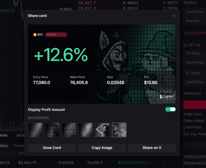 A trading interface showing a 'Share card' pop-up for a BTC SHORT trade with a +12.6% profit, set against a witch-themed background filter.