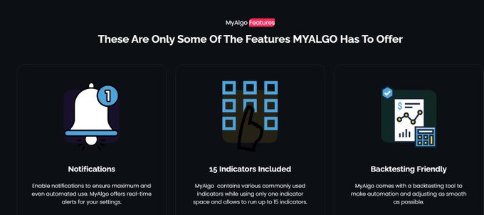 A dark-themed promotional graphic for MyAlgo highlighting three key features with icons: "Notifications" (bell icon) for real-time automated alerts, "15 Indicators Included" (keyboard icon) for running up to 15 indicators in one space, and "Backtesting Friendly" (chart icon) for testing and adjusting strategies. The image visually reinforces the post's message that MyAlgo combines multiple trading tools—alerts, multiple indicators, and backtesting—into a single platform to reduce emotional trading and noise.