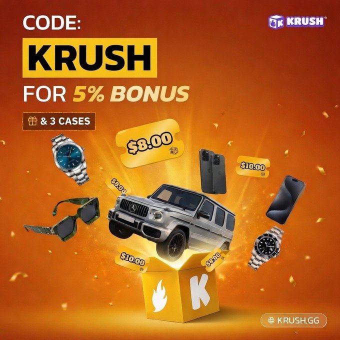 The image is an advertisement promoting a Krumh brand vehicle, which appears to be a luxury car or SUV based on its design. The background color of the image is orange, creating a vibrant and eye-catching look that immediately draws attention. In the center of the image, there's a box labeled "Krumh" written in yellow text. Surrounding this central object are numerous small accessories like a watch, sunglasses, a phone, and other items related to luxury cars or automobiles. The bottom part of the image features text that reads "code: Krumh", followed by three words, possibly a description or name of the vehicle shown in the image.