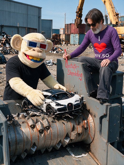 A surreal scene at a scrapyard showing a large monkey mascot head with 3D glasses sitting next to a bearded man wearing an 'I heart wv.so' shirt, both positioned around a toy Bugatti on industrial shredding equipment.