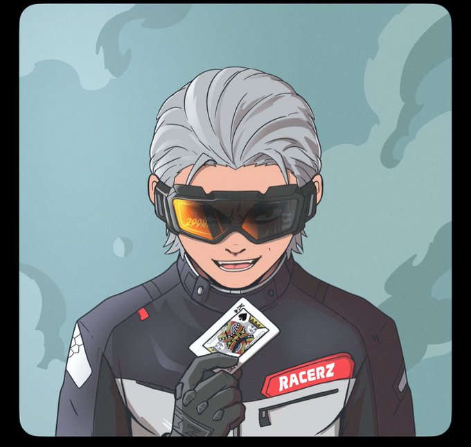 Anime-style digital portrait of a white-haired character wearing reflective ski goggles and a black racing suit labeled 'RACERZ,' holding up a playing card.