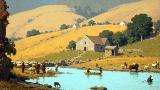 Painting of a pastoral countryside scene with rolling golden hills, a farmstead, people washing sheep in a river, and figures with boats and livestock.