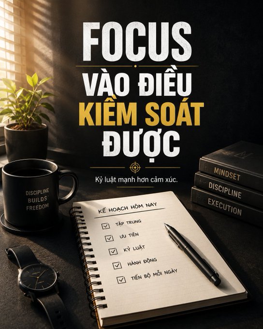 A motivational graphic reading 'FOCUS VÀO ĐIỀU KIỂM SOÁT ĐƯỢC' with the subtitle 'Kỷ luật mạnh hơn cảm xúc', featuring a checklist titled 'KẾ HOẠCH HÔM NAY' on a notebook.