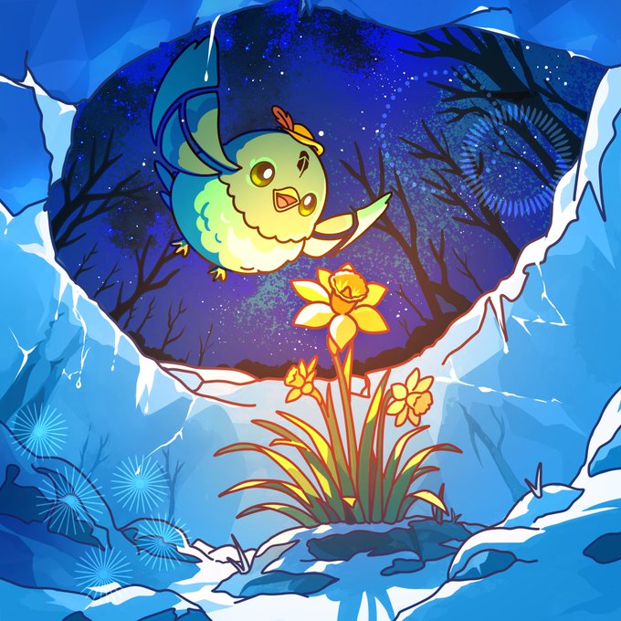 A colorful illustration shows a cute, round teal and yellow bird wearing a hat flying near golden daffodils growing from snow and ice, with a starry night sky and bare trees visible through an icy opening. The artwork exemplifies the original, hand-crafted style praised in the caption, highlighting Froggy as a talented native artist whose unique aesthetic stands apart from generic "cut and paste" crypto art.