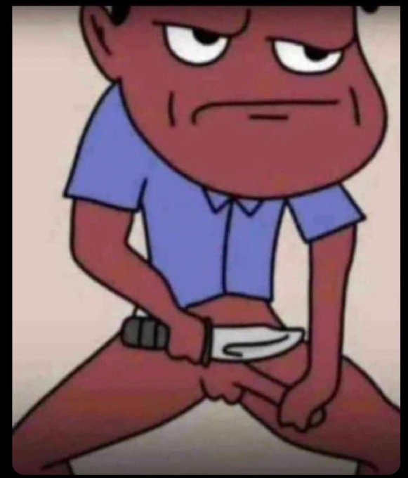 A cartoon image of a dark-skinned character in a blue shirt aggressively sharpening a knife with a serious expression.