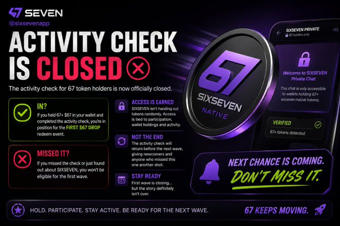 A promotional graphic from 'SEVEN' (@sixsevenapp) announcing that the activity check for 67 token holders is closed, with sections for 'IN?', 'MISSED IT?', and 'NEXT CHANCE IS COMING, DON'T MISS IT.'