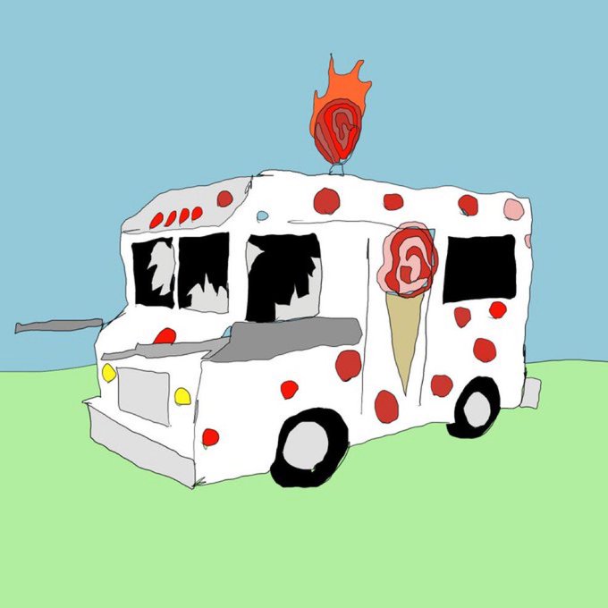 A digital drawing of a white ice cream truck decorated with red polka dots, topped with a flaming red rose on its roof, parked against a blue sky on green grass.