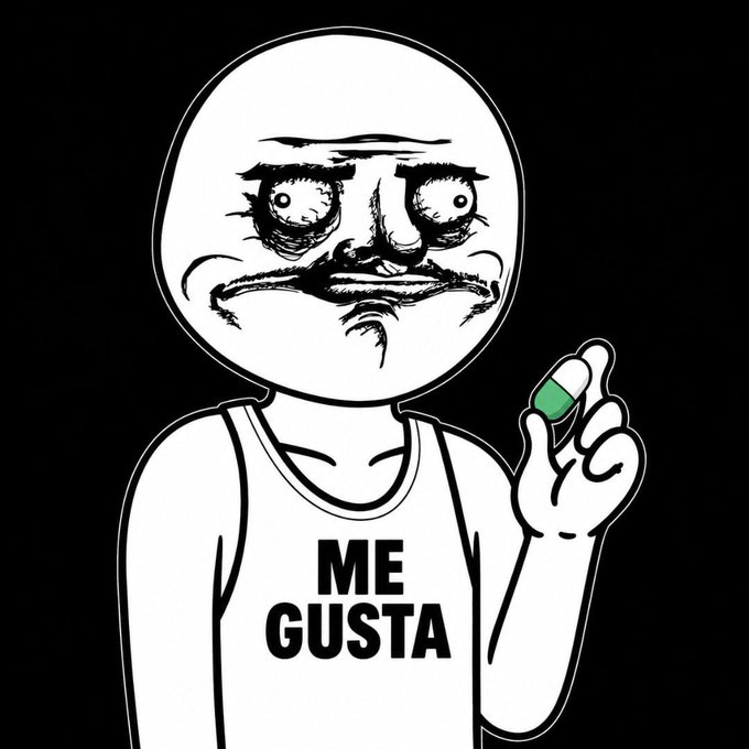 A classic rage comic meme face with a smug expression holds a pill, wearing a shirt that reads "ME GUSTA"—the iconic meme referenced in the post celebrating its March 18, 2010 origin, tied to the $MEGUSTA crypto token.