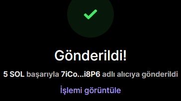 A confirmation screen displays "Gönderildi!" (Turkish for "Sent!") showing that 5 SOL (~$815) was successfully transferred to wallet "i8P6" from "7iCo," with an "İşlemi görüntüle" (View transaction) link below. The image relates to the post by providing visual proof of the $400 SOL transaction referenced in the message.