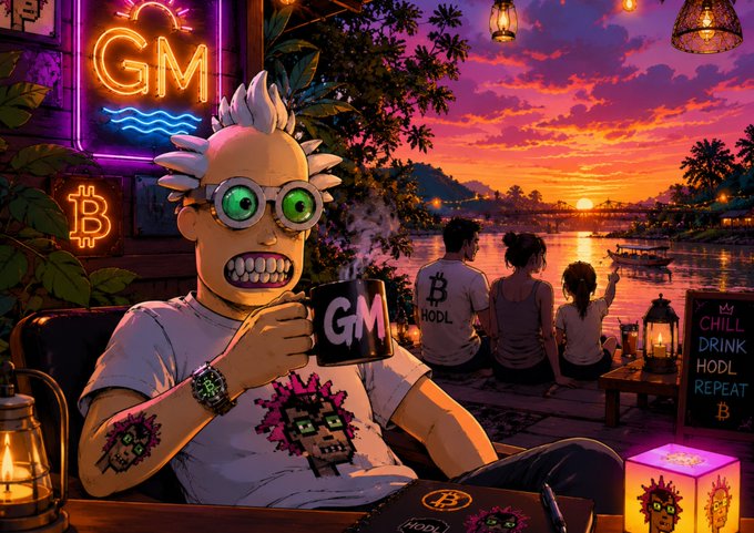 A vibrant digital illustration of a wild-haired cartoon character with green goggles holding a 'GM' mug in a beachside cafe setting, featuring neon 'GM' and Bitcoin signs and a sunset background.