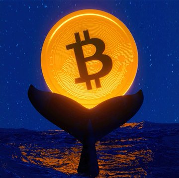 A glowing Bitcoin ($BTC) coin emerges from the dark ocean waves against a starry night sky. The image symbolizes the massive $1.2 billion profit taken by a whale group in just three days as Bitcoin rebounded above $68,900, with the radiant coin representing the cryptocurrency's recent surge in value.