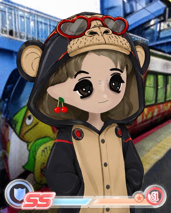 An illustration of a character wearing a monkey-themed hooded jacket with red sunglasses on top, featuring 'SS' and '$1' rating badges at the bottom.