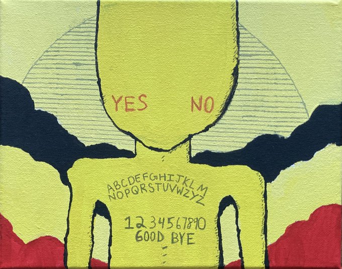 An illustration of a yellow figure with 'YES' and 'NO' written in red on its face, standing in front of clouds, with an alphabet (ABCDEFGHIJKLM NOPQRSTUVWXYZ), numbers (12345678910), and the words 'GOOD BYE' written on its chest.