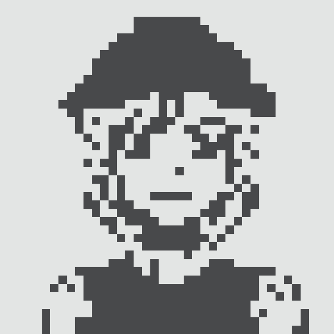 A pixel art black and white portrait of a person wearing a cap, depicted in a retro 8-bit video game style.