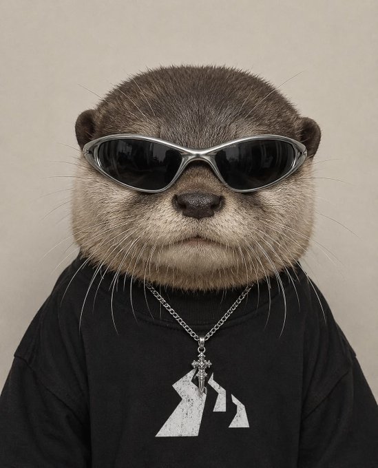 A highly realistic AI-generated or edited portrait of an otter wearing dark sunglasses, a silver chain with a cross pendant, and a black t-shirt.