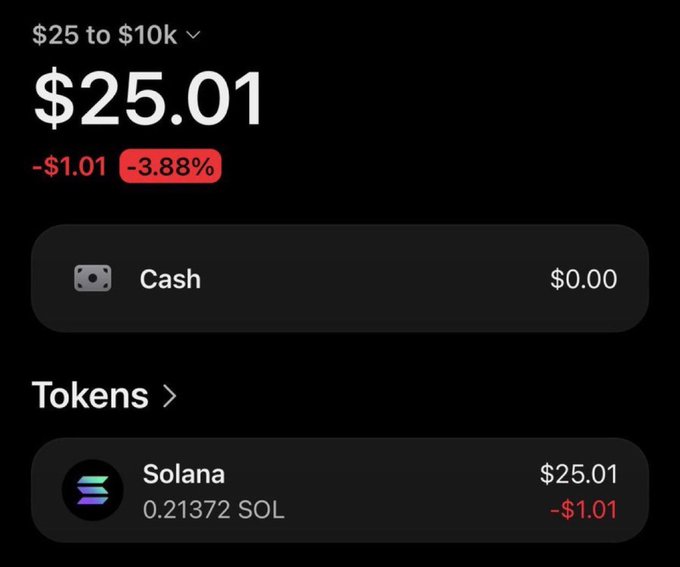 A crypto wallet screen shows a total balance of $25.01, down $1.01 (-3.88%), holding 0.21372 SOL (Solana).
