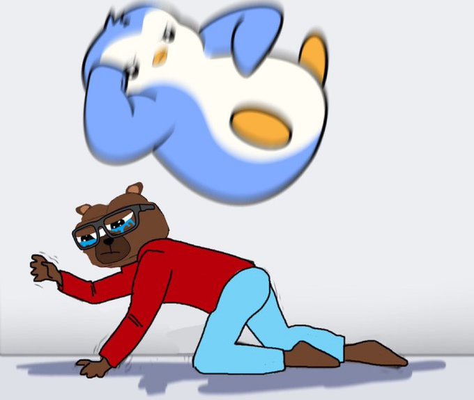 An illustration shows a crying bear in glasses and a red shirt crawling on the floor beneath a crying blue and white cartoon character floating above.