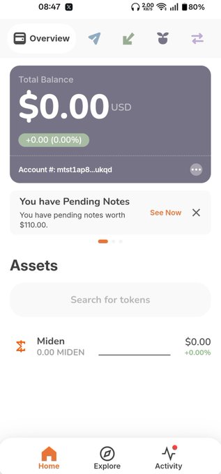 The image shows the Bread Wallet by Miden app dashboard displaying a $0.00 USD total balance with no assets (0.00 MIDEN), accompanied by a prompt that you have pending notes worth $110.00—suggesting the user is showcasing the app's clean, user-friendly interface after downloading it from the Google Play Store.