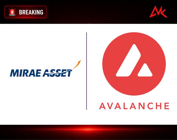 A breaking news graphic shows the logos of Mirae Asset and Avalanche side-by-side against a white background.