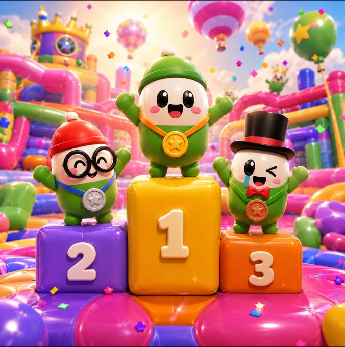 A vibrant 3D-rendered image shows three cartoon characters on a podium labeled 1, 2, and 3, celebrating with colorful balloons and confetti in the background.
