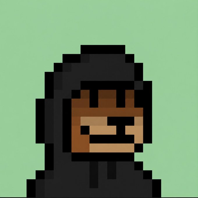 A pixel art portrait depicts a hooded figure with a brown face covering on a light green background.