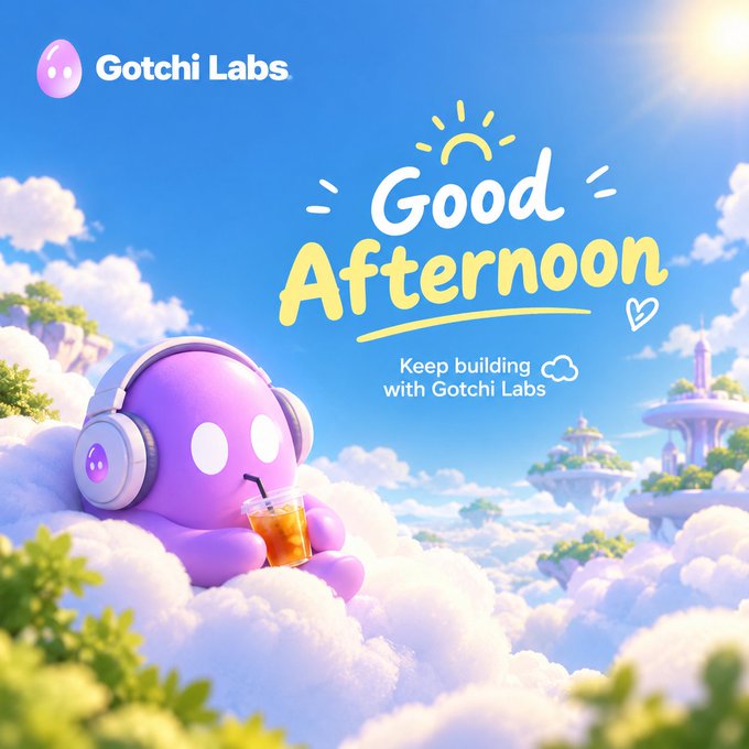 A 3D-rendered advertisement for 'Gotchi Labs' featuring a cute purple character wearing headphones and drinking a beverage on a cloud, with the text 'Good Afternoon' and 'Keep building with Gotchi Labs'.
