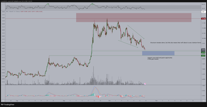 A TradingView stock chart shows a sharp rise followed by a marked downward channel, with notes reading “Structure remains down, but this also means that we’ll await to see a bullish turn” and “Support must hold and great opportunity in this area.”