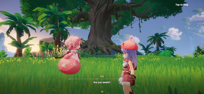 A screenshot from an anime-style video game showing two chibi characters in a grassy area under a large tree, with dialogue text '???: Are you awake?' and a 'Tap to Skip' prompt.