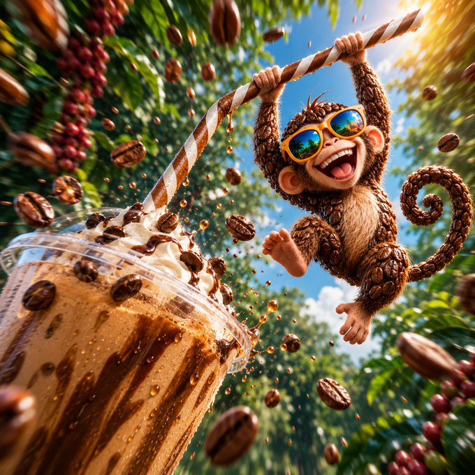 A vibrant 3D digital illustration of a joyful monkey wearing yellow sunglasses swinging from a striped straw above a splashing iced coffee with coffee beans flying around.