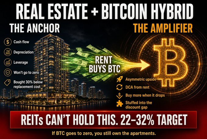 The image is a promotional graphic titled "REAL ESTATE + BITCOIN HYBRID," illustrating a strategy where rental income ("RENT BUYS BTC") from apartment buildings ("THE ANCHOR") is converted into Bitcoin ("THE AMPLIFIER"), with bullet points highlighting benefits like cash flow, depreciation, and asymmetric upside, and a banner reading "REITS CAN'T HOLD THIS. 22-32% TARGET." It complements the post by visualizing how Cardone Capital's $18M in September distributions could have been used to acquire the ~6 BTC, tying the steady real estate cash flow directly to the Bitcoin accumulation strategy shown.