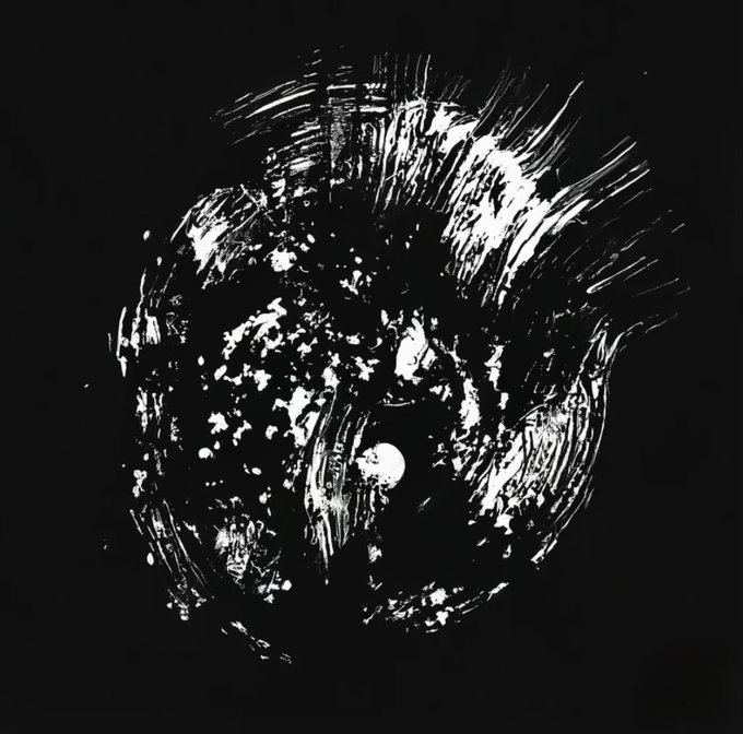 An abstract black and white image resembling a chaotic swirl or portal, featuring scratchy white textures and a single small white sphere at the center against a black background.