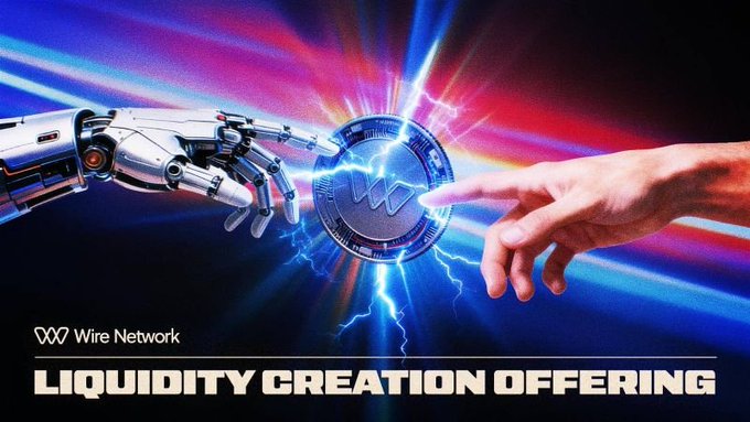 A promotional banner for 'Wire Network' featuring a robotic hand reaching toward a human finger, touching a coin with the 'W' logo, accompanied by the text 'LIQUIDITY CREATION OFFERING'.