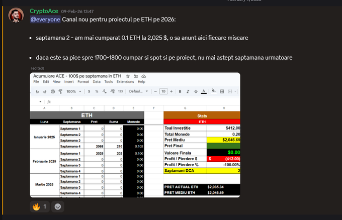 A Discord message from 'CryptoAce' dated 09-Feb-26 discussing a new ETH project for 2026, with bullet points in Romanian and a screenshot of a Google Sheets spreadsheet titled 'Acumulare ACE - 100$ pe saptamana in ETH' tracking investment stats.