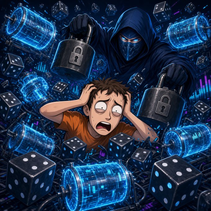 A digital illustration depicting a terrified young boy clutching his face while a menacing hooded figure with glowing blue eyes looms behind him holding two large black padlocks, surrounded by floating glowing blue dice and digital code.