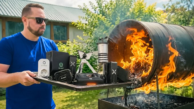 A man in a blue shirt and sunglasses holds a tray loaded with various smart home devices and chargers near a large burning barrel outdoors.