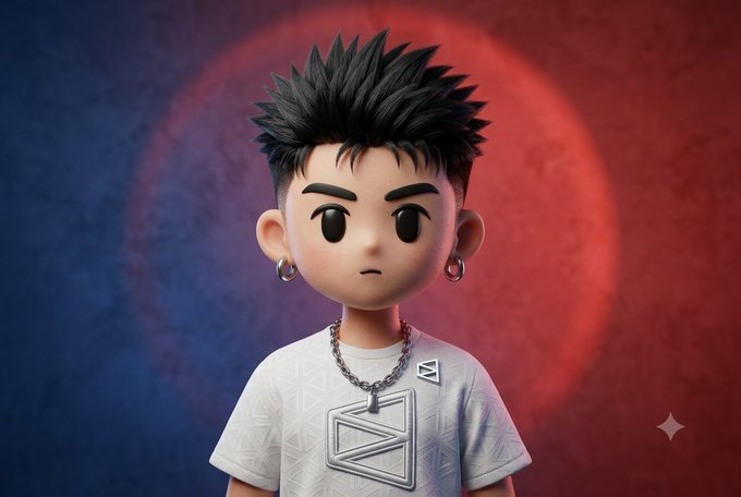 A 3D-rendered cartoon-style character with spiky black hair, earrings, and a chain necklace wearing a white t-shirt, set against a red moon backdrop.